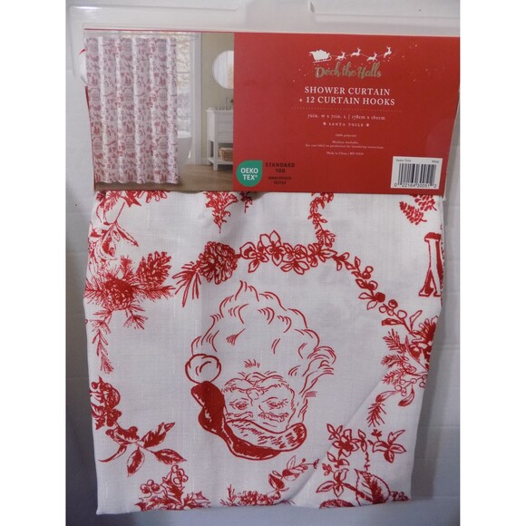 NEW Christmas Santa Ho Ho Ho Fabric Shower Curtain Set By Deck The Halls - Picture 1 of 3